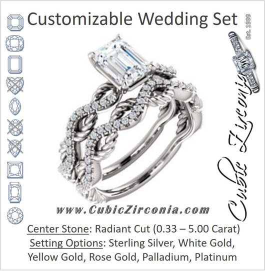 CZ Wedding Set, featuring The Janneth engagement ring (Customizable Radiant Cut Design with Twisting Rope-Pavé Split Band)