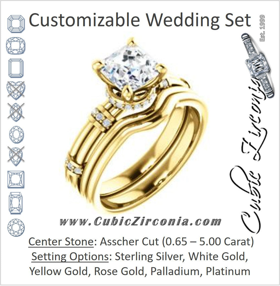 CZ Wedding Set, featuring The Jayla engagement ring (Customizable Asscher Cut Style with Under-Halo & Horizontal Band Accents)