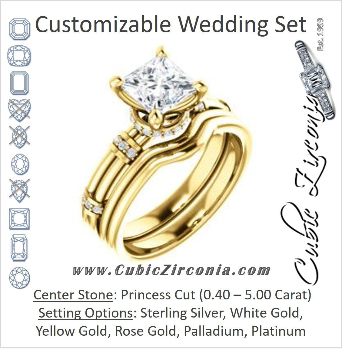 CZ Wedding Set, featuring The Jayla engagement ring (Customizable Princess Cut Style with Under-Halo & Horizontal Band Accents)