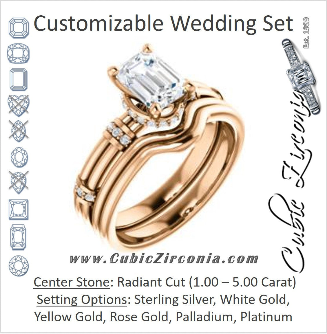 CZ Wedding Set, featuring The Jayla engagement ring (Customizable Radiant Cut Style with Under-Halo & Horizontal Band Accents)