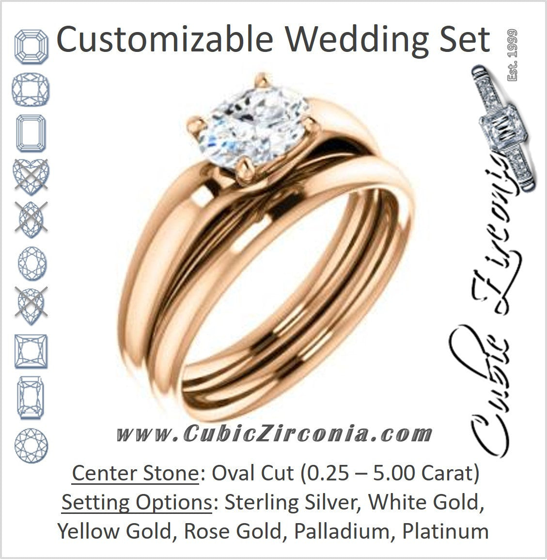 CZ Wedding Set, featuring The Johnnie engagement ring (Customizable Cathedral-set Oval Cut Solitaire with Decorative Prong Basket)