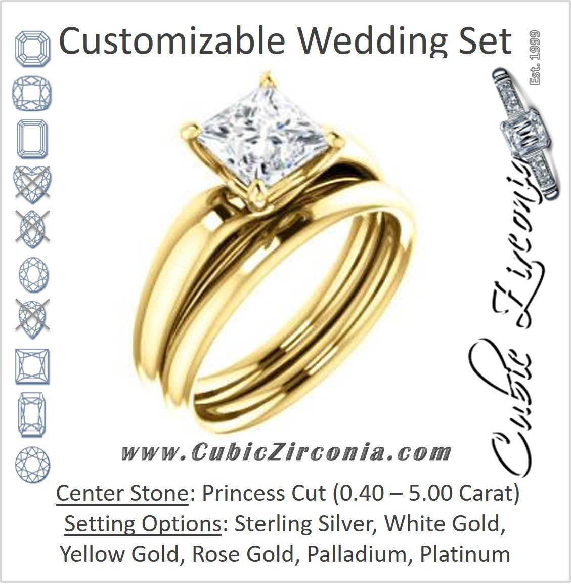 CZ Wedding Set, featuring The Johnnie engagement ring (Customizable Cathedral-set Princess Cut Solitaire with Decorative Prong Basket)