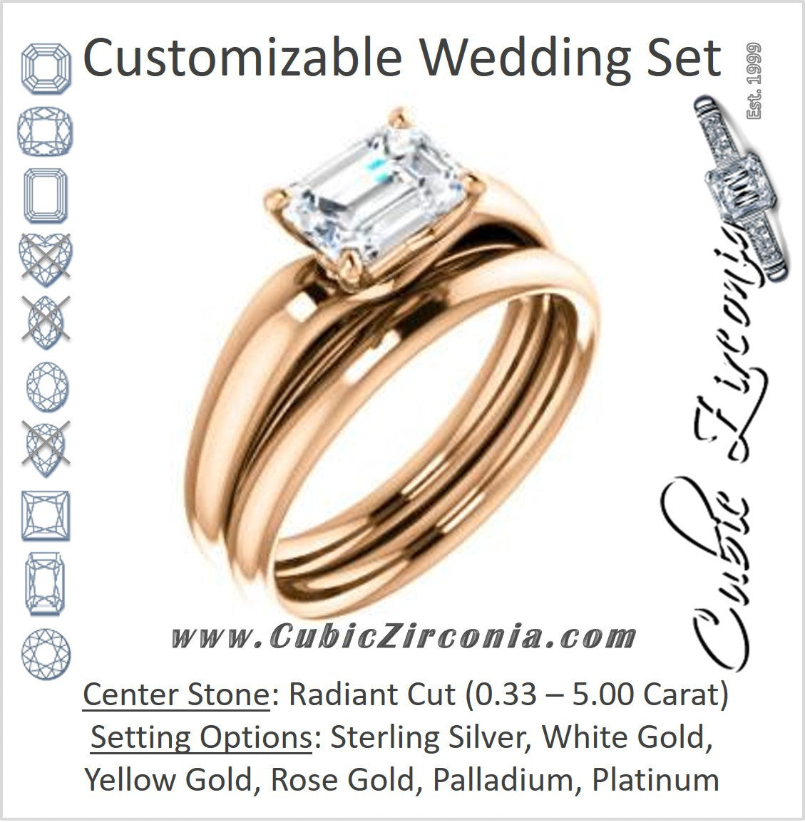 CZ Wedding Set, featuring The Johnnie engagement ring (Customizable Cathedral-set Radiant Cut Solitaire with Decorative Prong Basket)