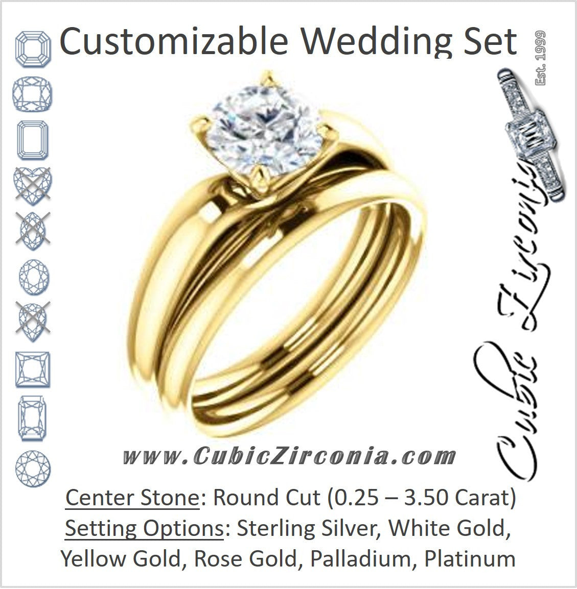 CZ Wedding Set, featuring The Johnnie engagement ring (Customizable Cathedral-set Round Cut Solitaire with Decorative Prong Basket)