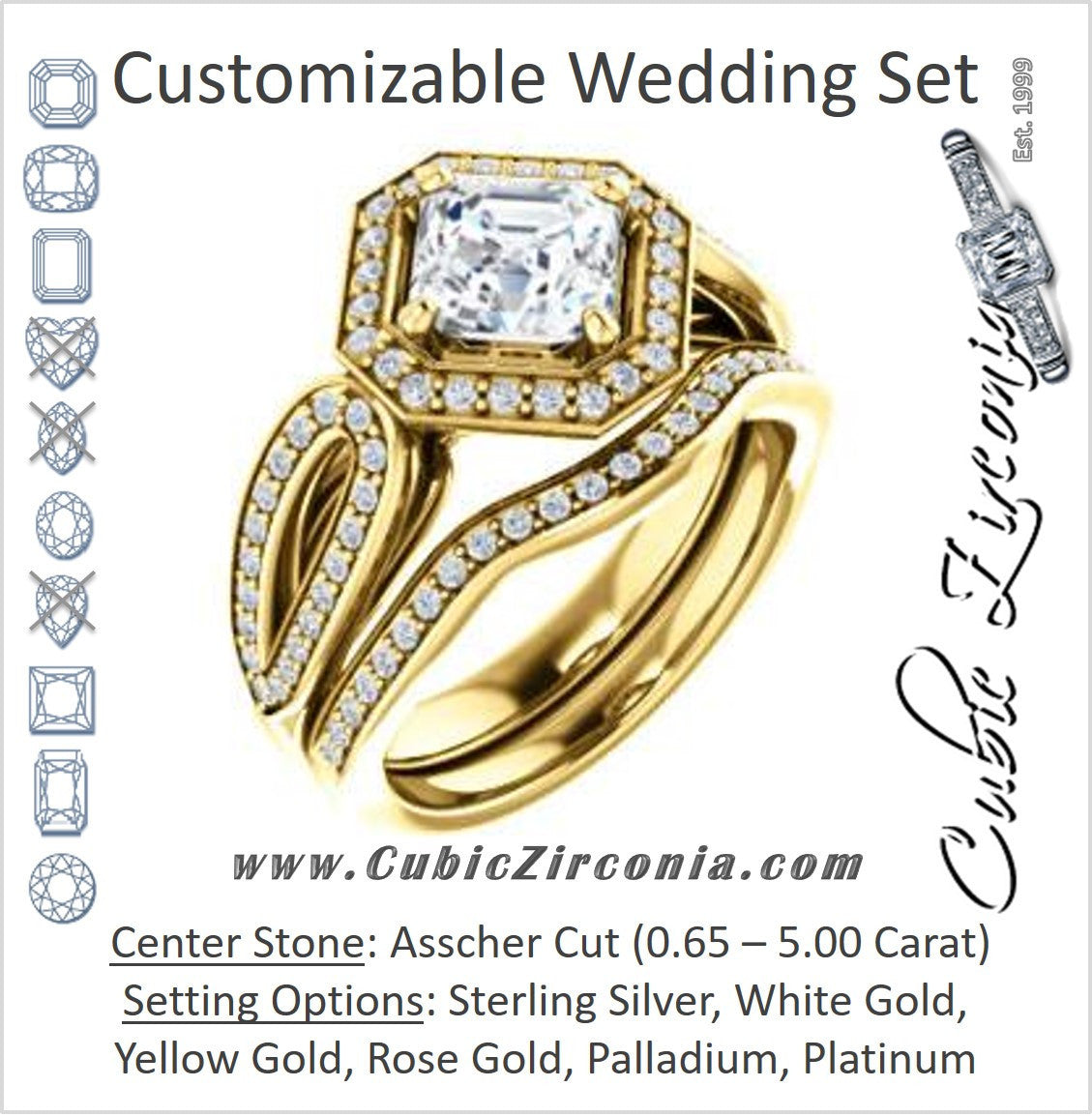 CZ Wedding Set, featuring The Jordyn Elitza engagement ring (Customizable Halo-Style Asscher Cut with Twisting Pavé Split-Shank)
