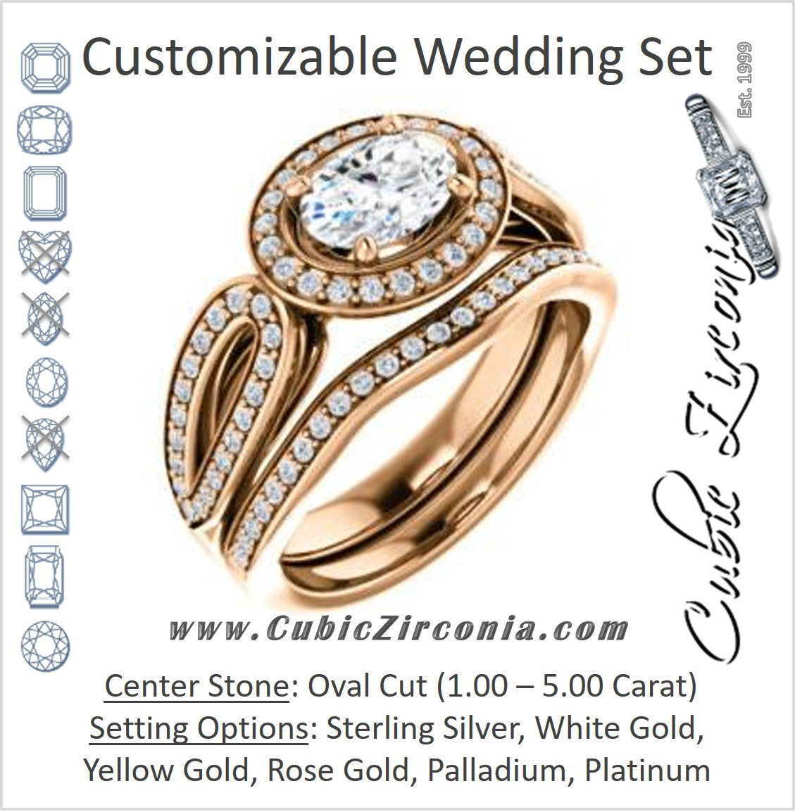 CZ Wedding Set, featuring The Jordyn Elitza engagement ring (Customizable Halo-Style Oval Cut with Twisting Pavé Split-Shank)