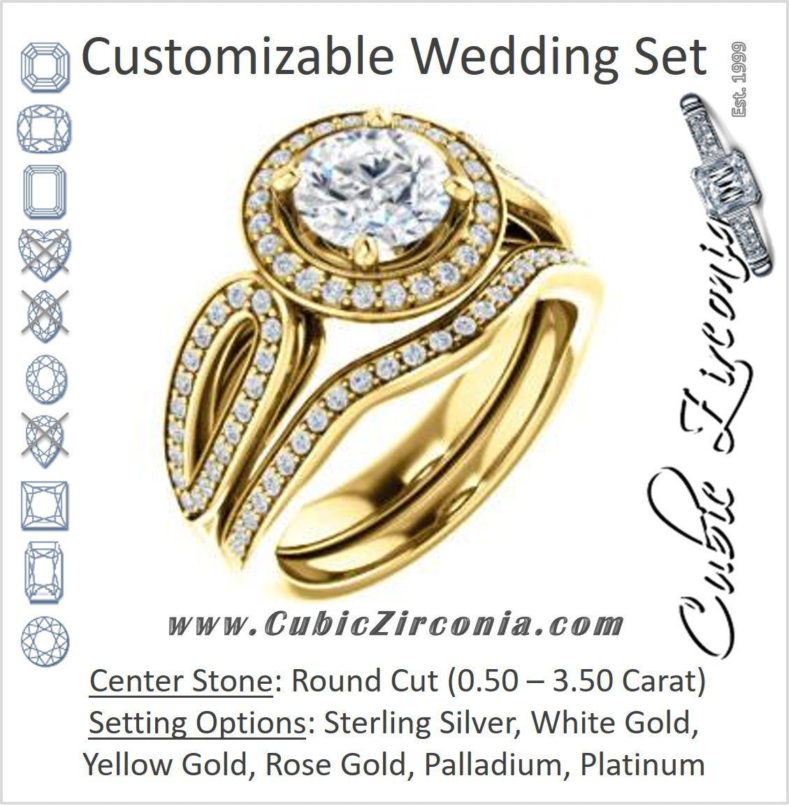 CZ Wedding Set, featuring The Jordyn Elitza engagement ring (Customizable Halo-Style Round Cut with Twisting Pavé Split-Shank)