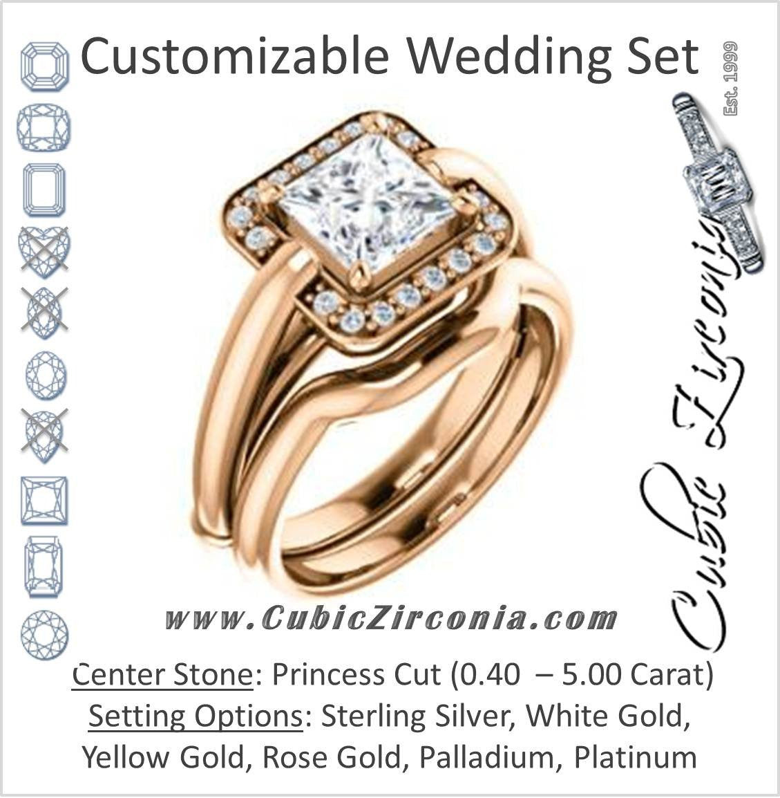 CZ Wedding Set, featuring The Kady engagement ring (Customizable Cathedral-set Princess Cut with Semi-Halo)