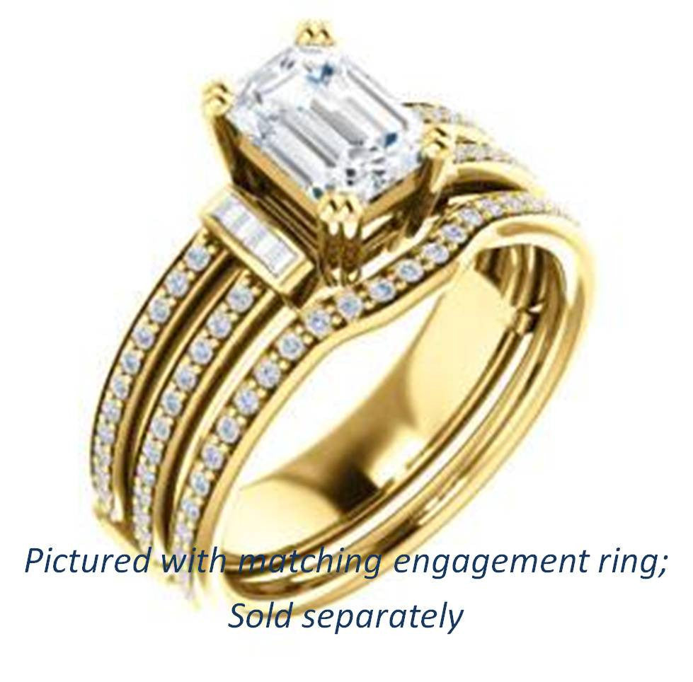 Cubic Zirconia Engagement Ring- The Kaitlyn (Customizable Emerald Cut with Flanking Baguettes And Round Channel Accents)