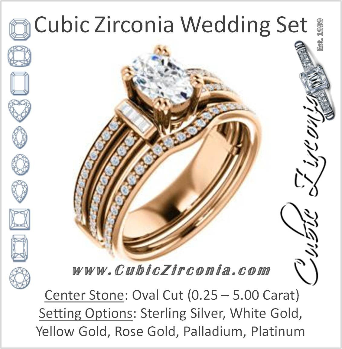 CZ Wedding Set, featuring The Kaitlyn engagement ring (Customizable Oval Cut with Flanking Baguettes And Round Channel Accents)