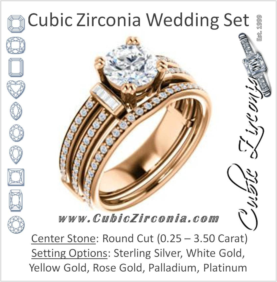 CZ Wedding Set, featuring The Kaitlyn engagement ring (Customizable Round Cut with Flanking Baguettes And Round Channel Accents)
