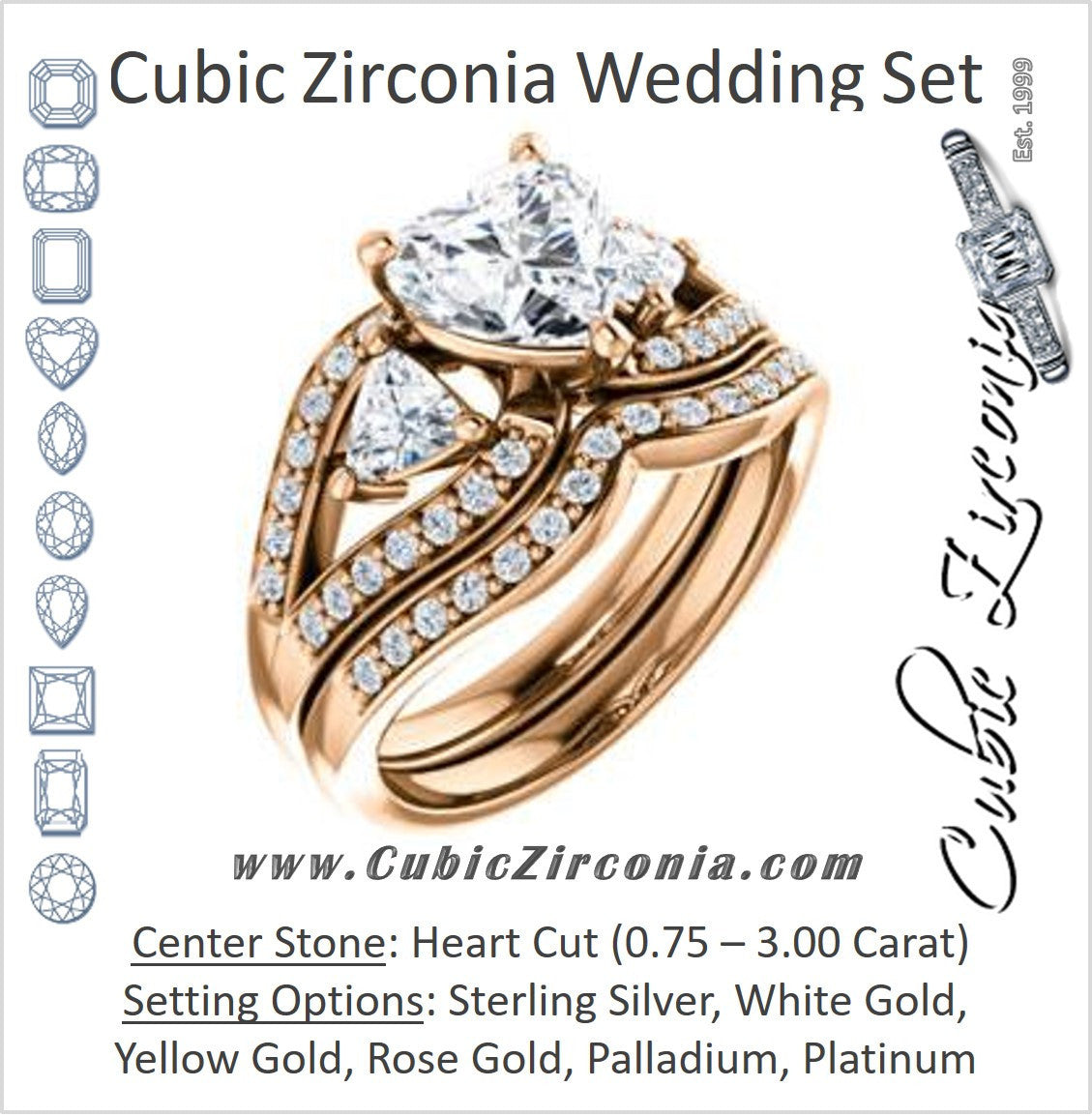 CZ Wedding Set, featuring The Karen engagement ring (Customizable Enhanced 3-stone Design with Heart Cut Center, Dual Trillion Accents and Wide Pavé-Split Band)