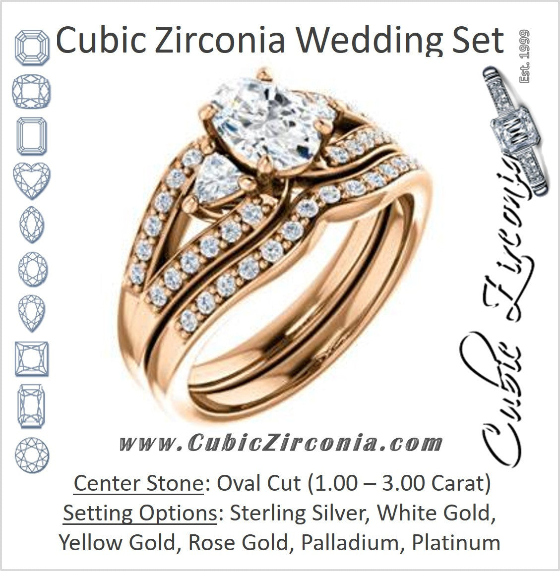 CZ Wedding Set, featuring The Karen engagement ring (Customizable Enhanced 3-stone Design with Oval Cut Center, Dual Trillion Accents and Wide Pavé-Split Band)