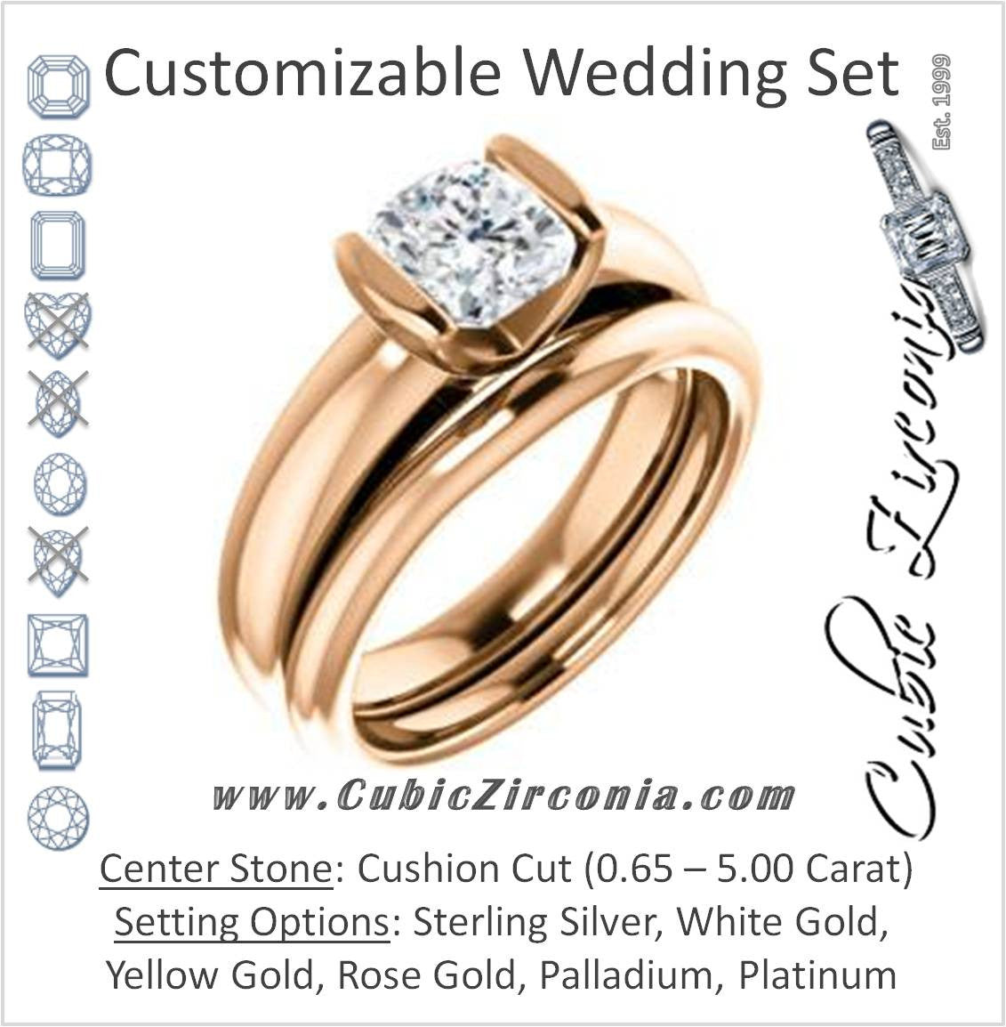CZ Wedding Set, featuring The Liza Bella engagement ring (Customizable Cushion Cut Cathedral Bar-set Solitaire)