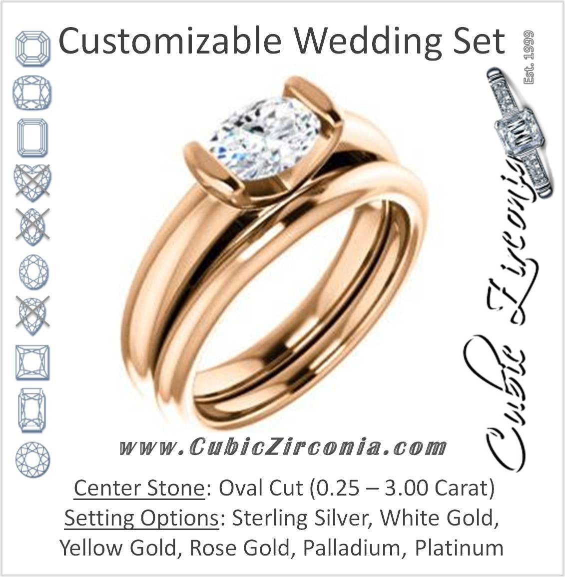 CZ Wedding Set, featuring The Liza Bella engagement ring (Customizable Oval Cut Cathedral Bar-set Solitaire)