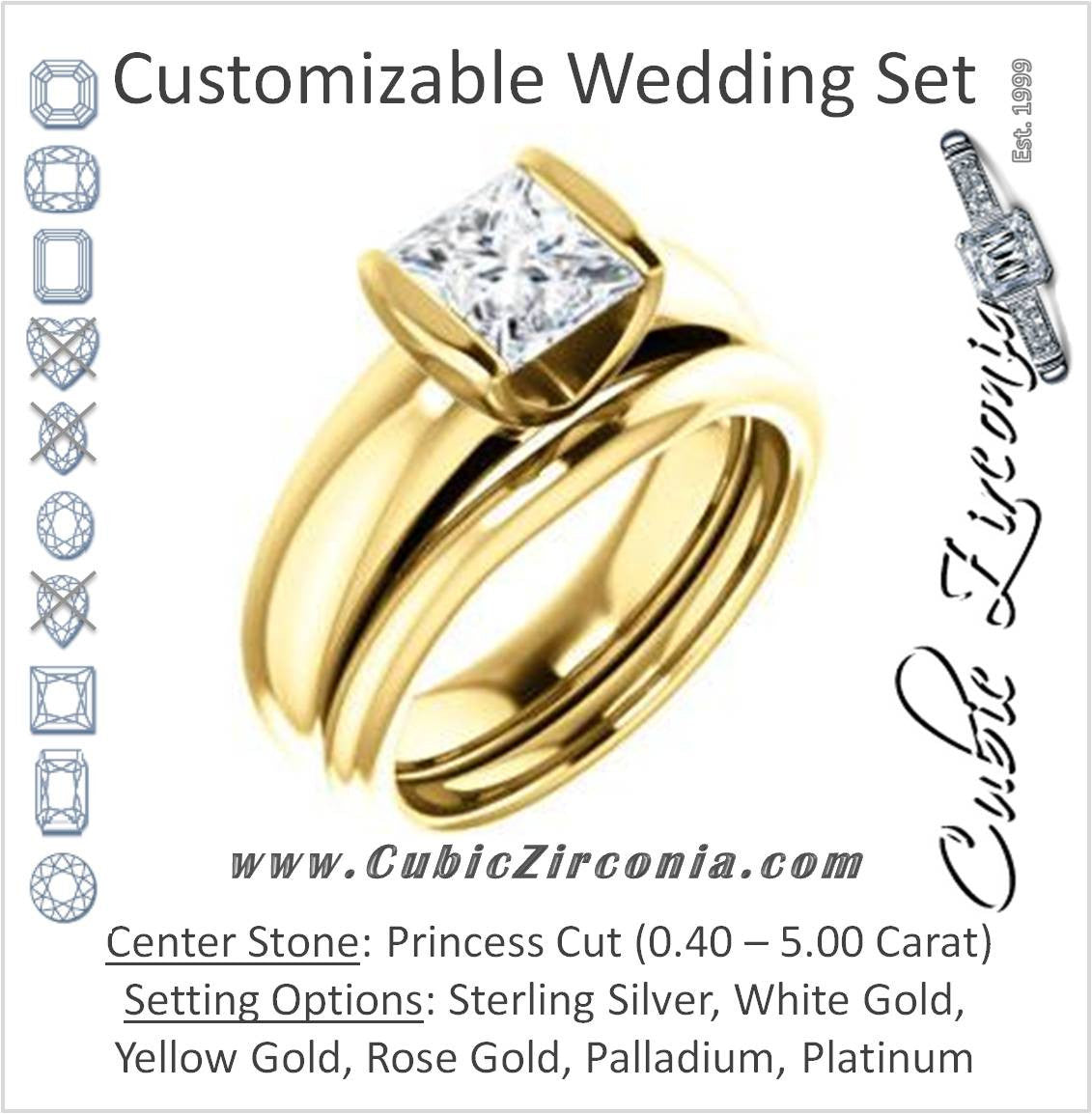 CZ Wedding Set, featuring The Liza Bella engagement ring (Customizable Princess Cut Cathedral Bar-set Solitaire)