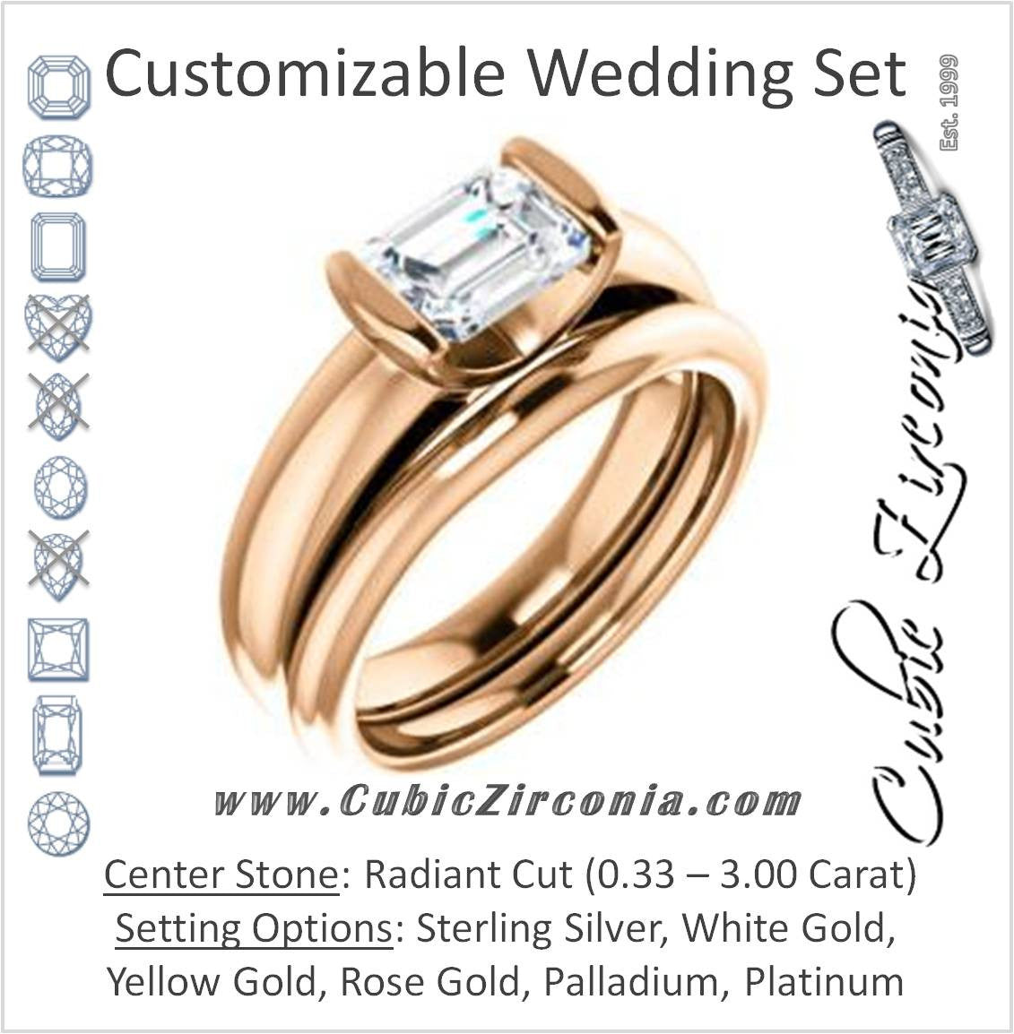 CZ Wedding Set, featuring The Liza Bella engagement ring (Customizable Radiant Cut Cathedral Bar-set Solitaire)