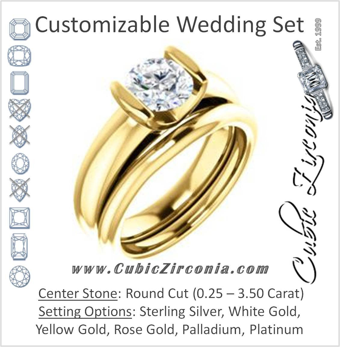 CZ Wedding Set, featuring The Liza Bella engagement ring (Customizable Round Cut Cathedral Bar-set Solitaire)