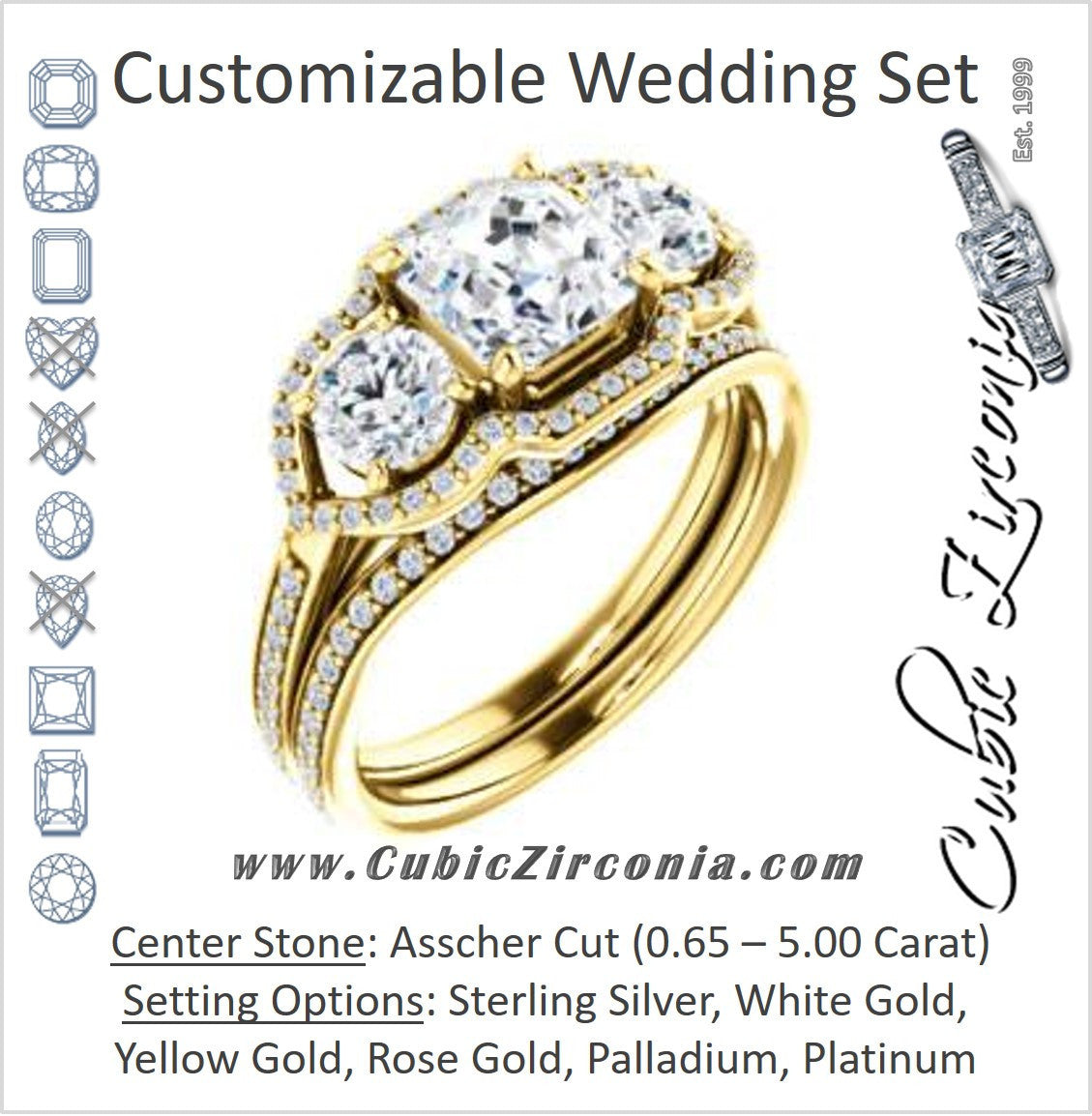 CZ Wedding Set, featuring The Lizabeth engagement ring (Customizable Asscher Cut Enhanced 3-stone Style with Tri-Halos & Thin Pavé Band)