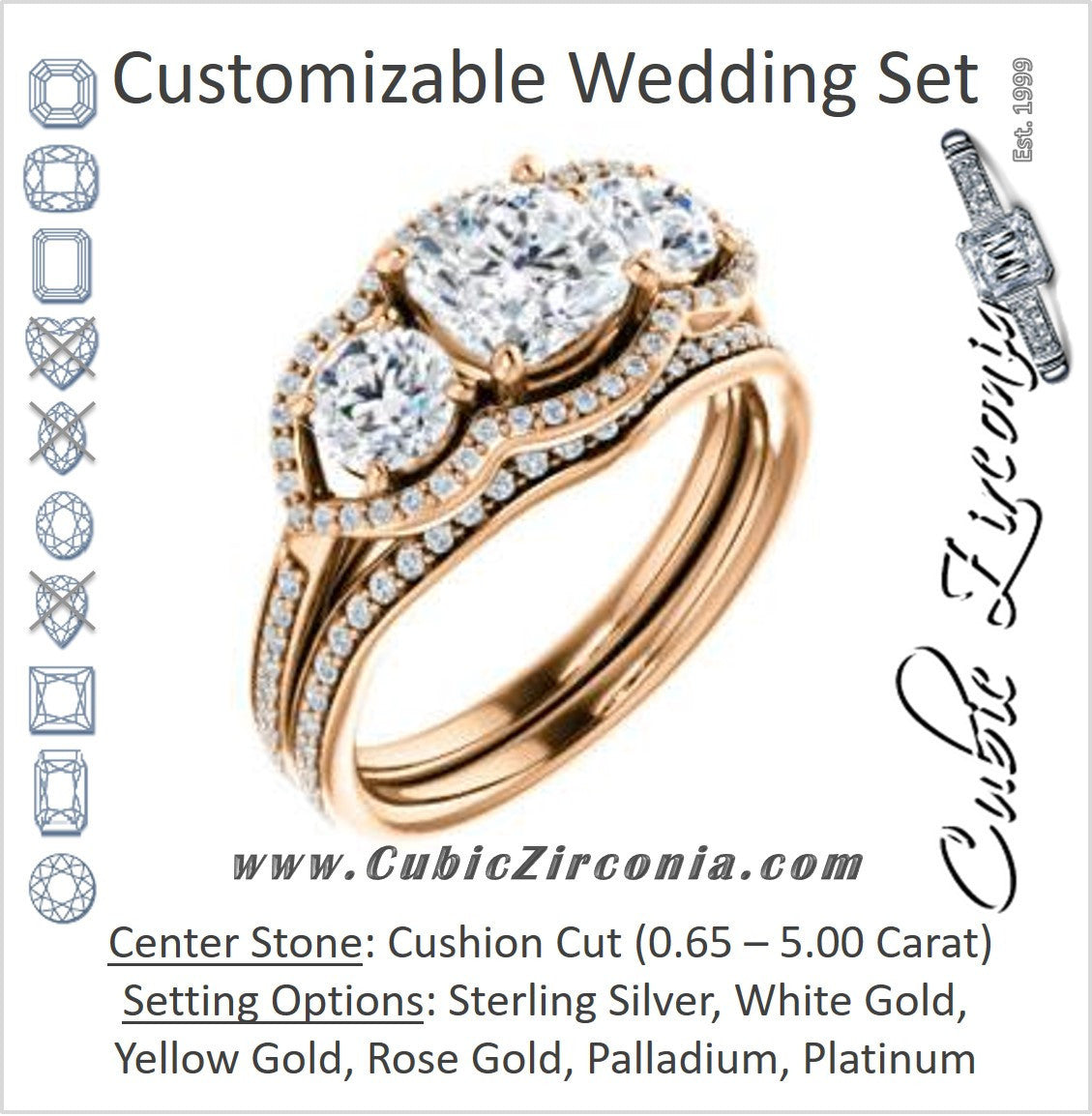 CZ Wedding Set, featuring The Lizabeth engagement ring (Customizable Cushion Cut Enhanced 3-stone Style with Tri-Halos & Thin Pavé Band)