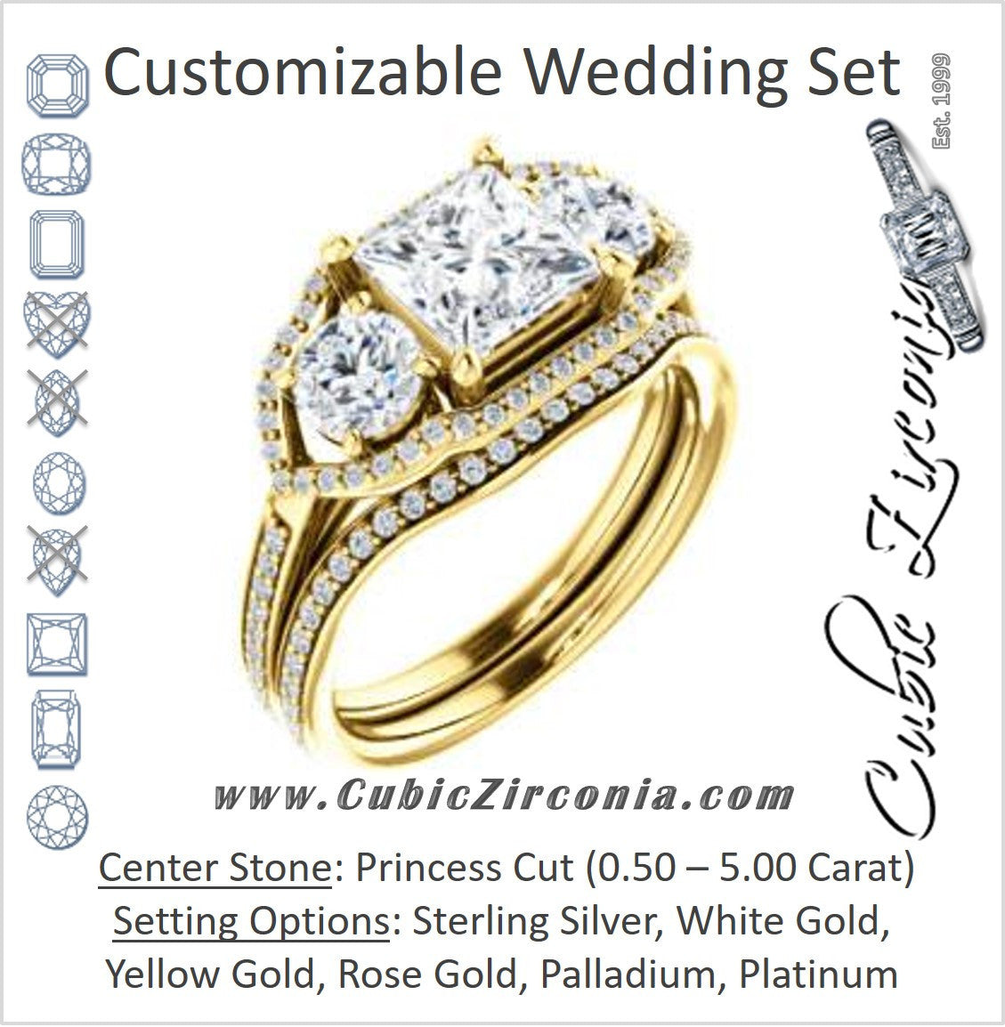 CZ Wedding Set, featuring The Lizabeth engagement ring (Customizable Princess Cut Enhanced 3-stone Style with Tri-Halos & Thin Pavé Band)