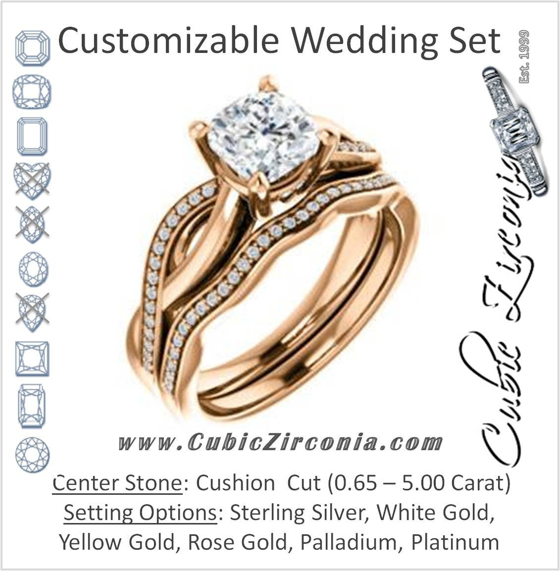 CZ Wedding Set, featuring The Louisa engagement ring (Customizable Cushion Cut Design with Twisting Split Pavé Band and Underhalo Accents)