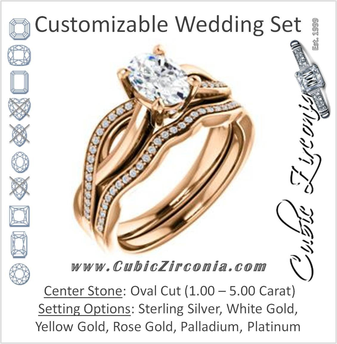 CZ Wedding Set, featuring The Louisa engagement ring (Customizable Oval Cut Design with Twisting Split Pavé Band and Underhalo Accents)