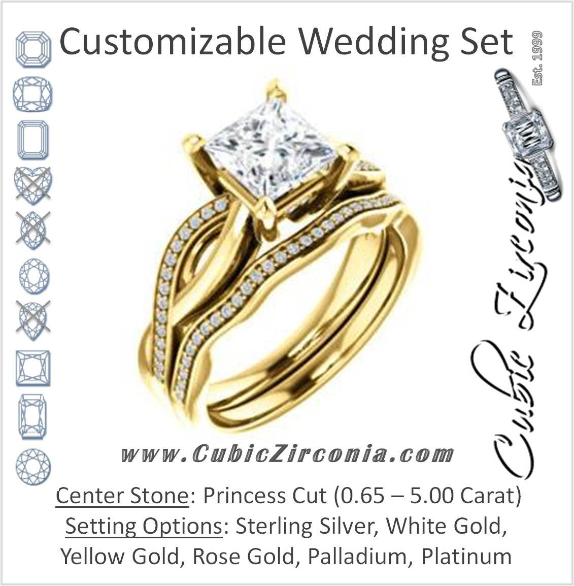 CZ Wedding Set, featuring The Louisa engagement ring (Customizable Princess Cut Design with Twisting Split Pavé Band and Underhalo Accents)