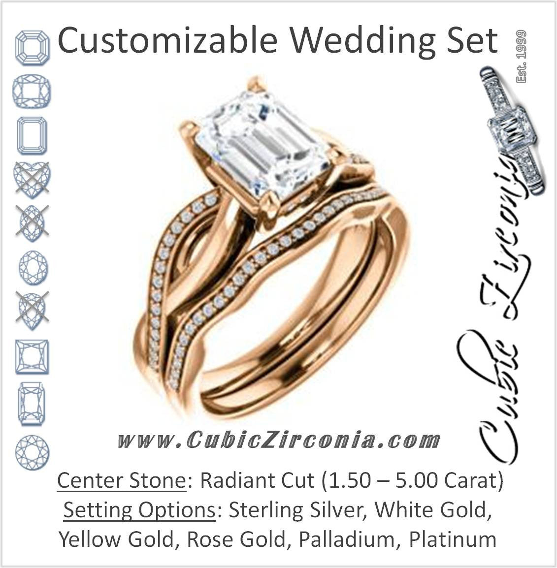 CZ Wedding Set, featuring The Louisa engagement ring (Customizable Radiant Cut Design with Twisting Split Pavé Band and Underhalo Accents)