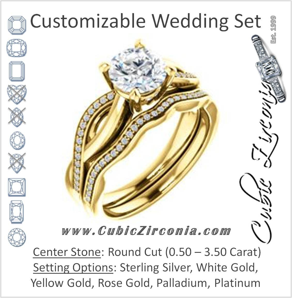 CZ Wedding Set, featuring The Louisa engagement ring (Customizable Round Cut Design with Twisting Split Pavé Band and Underhalo Accents)
