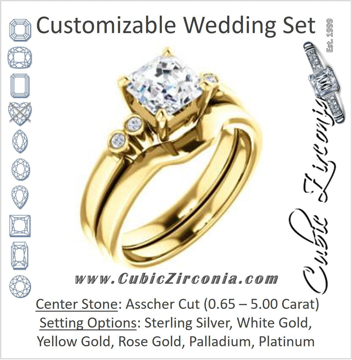 CZ Wedding Set, featuring The Luzella engagement ring (Customizable 5-stone Design with Asscher Cut Center and Round Bezel Accents)