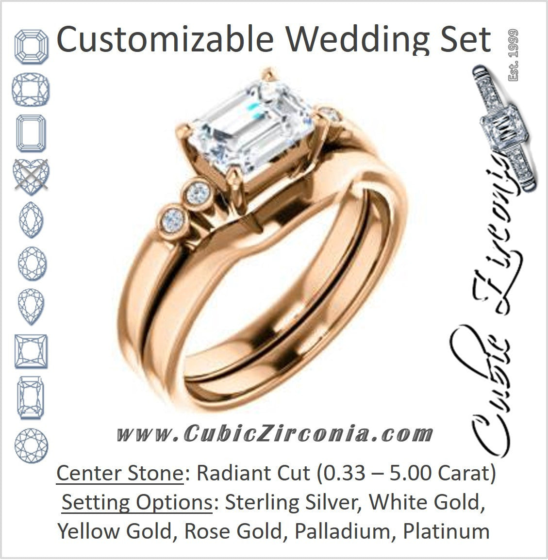CZ Wedding Set, featuring The Luzella engagement ring (Customizable 5-stone Design with Radiant Cut Center and Round Bezel Accents)
