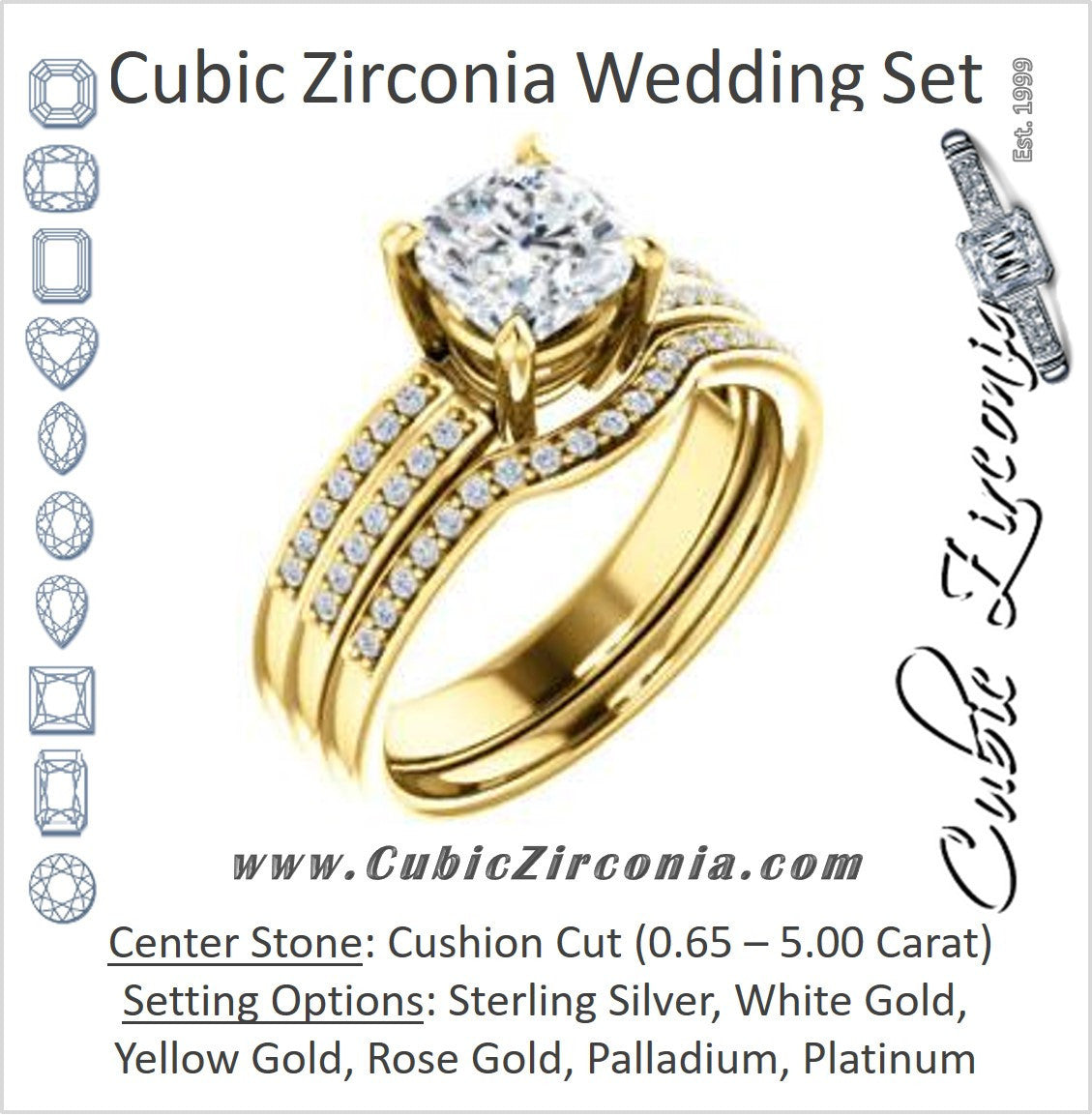 CZ Wedding Set, featuring The Lyla Ann engagement ring (Customizable Cushion Cut Design with Wide Double-Pavé Band)