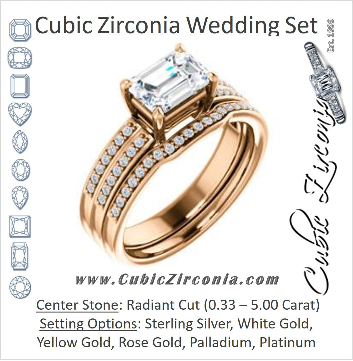 CZ Wedding Set, featuring The Lyla Ann engagement ring (Customizable Radiant Cut Design with Wide Double-Pavé Band)