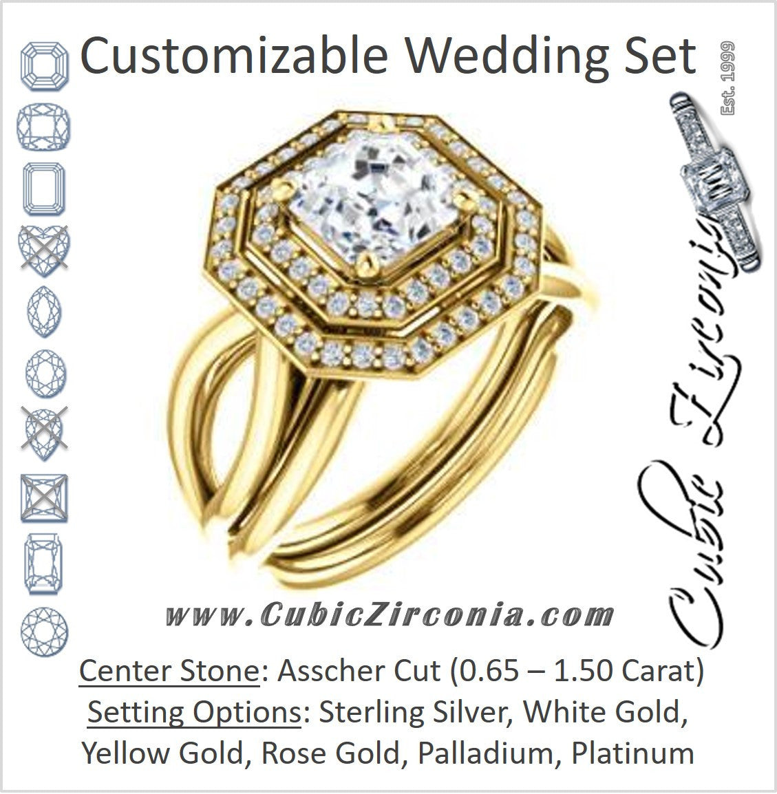 CZ Wedding Set, featuring The Magda Lesli engagement ring  (Customizable Double-Halo Style Asscher Cut with Curving Split Band)