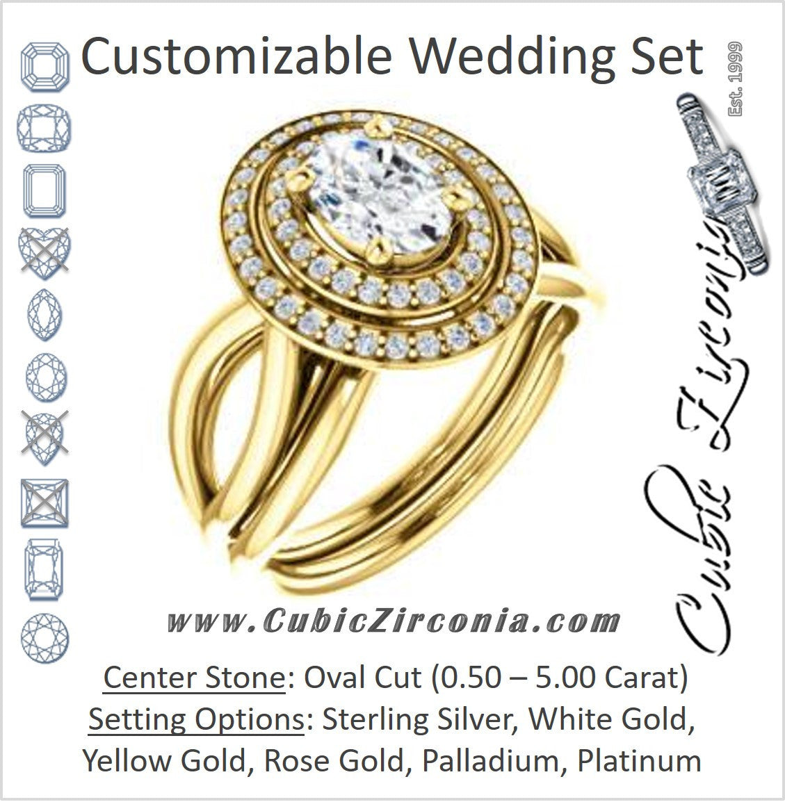 CZ Wedding Set, featuring The Magda Lesli engagement ring (Customizable Double-Halo Style Oval Cut with Curving Split Band)