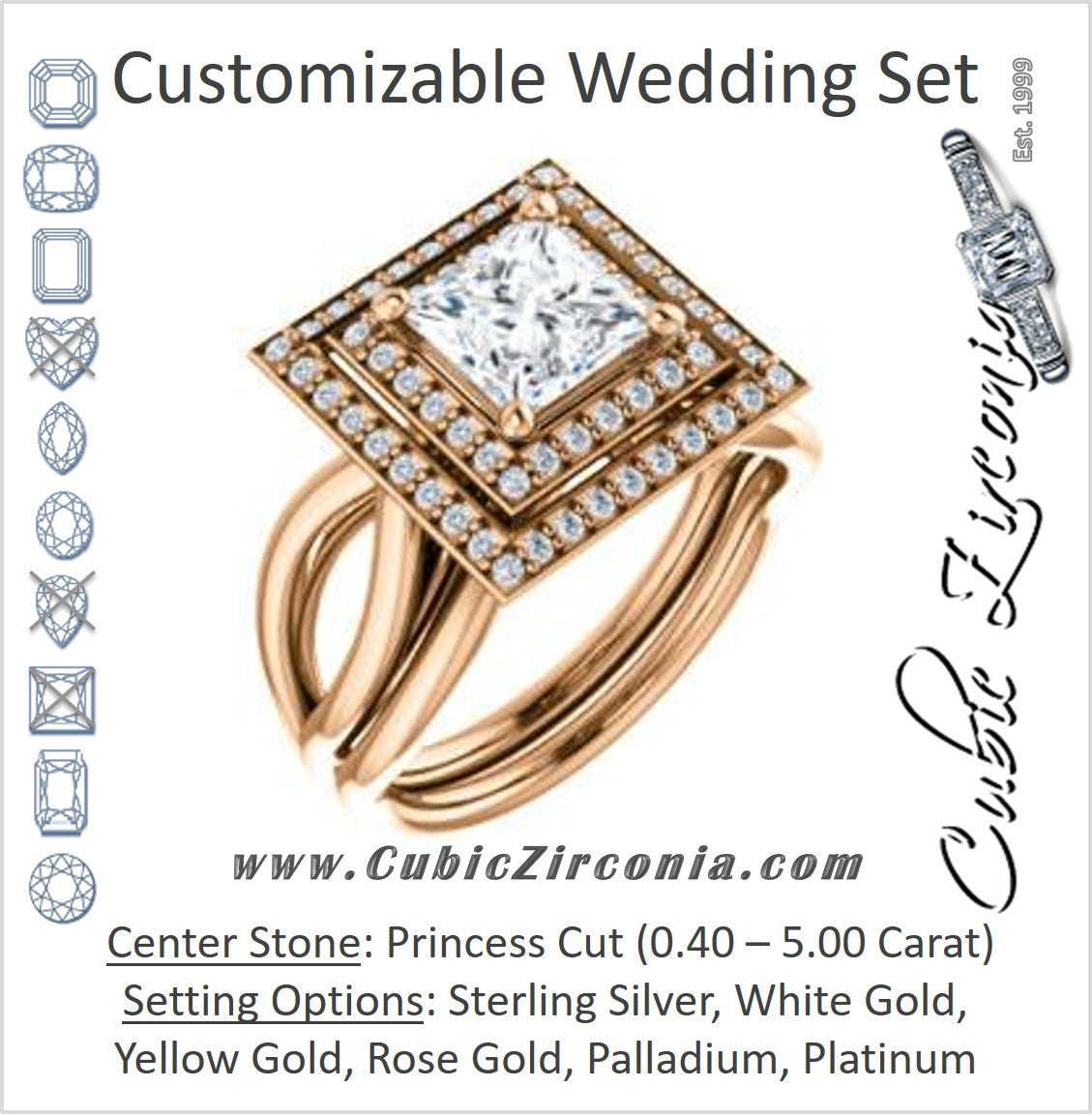 CZ Wedding Set, featuring The Magda Lesli engagement ring (Customizable Double-Halo Style Princess Cut with Curving Split Band)
