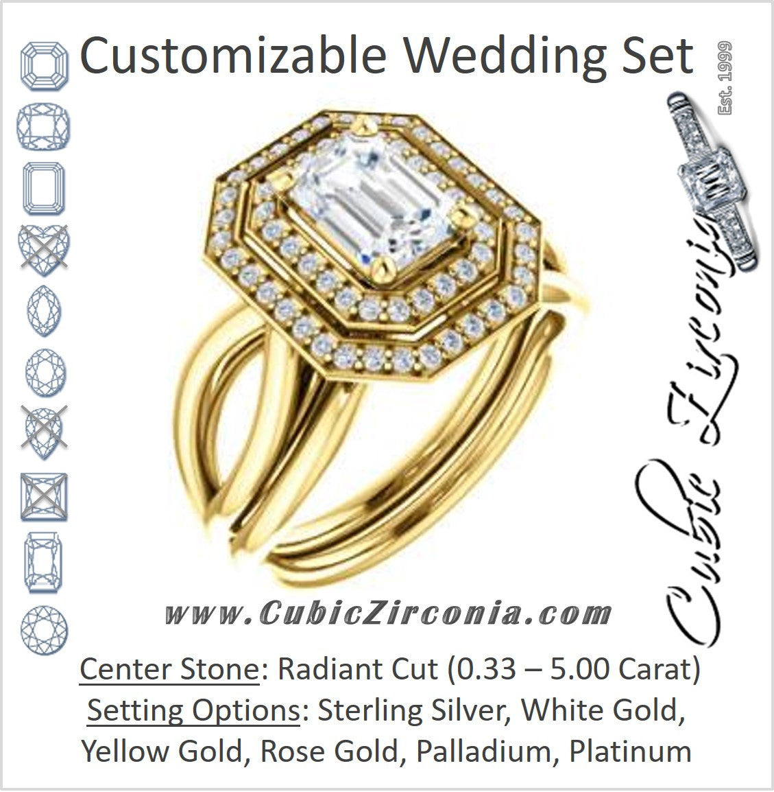 CZ Wedding Set, featuring The Magda Lesli engagement ring (Customizable Double-Halo Style Radiant Cut with Curving Split Band)