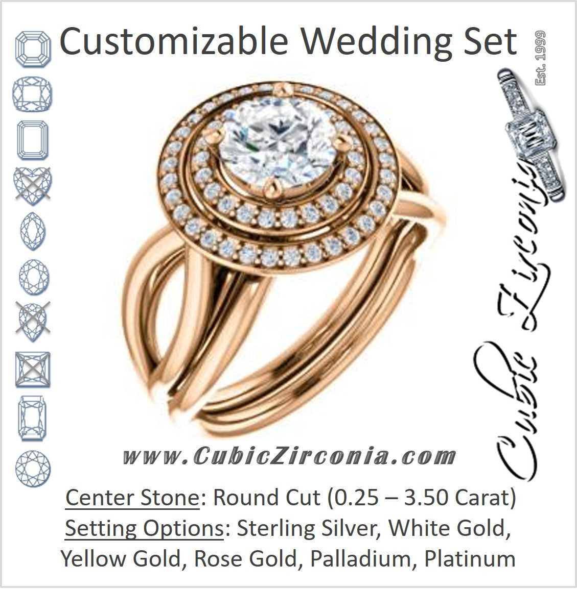 CZ Wedding Set, featuring The Magda Lesli engagement ring (Customizable Double-Halo Style Round Cut with Curving Split Band)