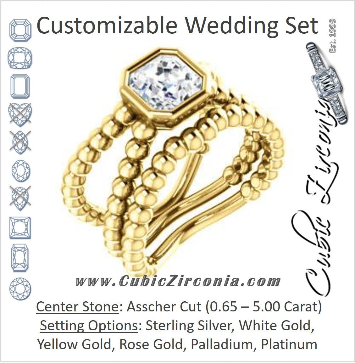 CZ Wedding Set, featuring The Maria Leeslii engagement ring  (Customizable Bezel-set Asscher Cut Solitaire with Wide Beaded-Metal Split-Band)
