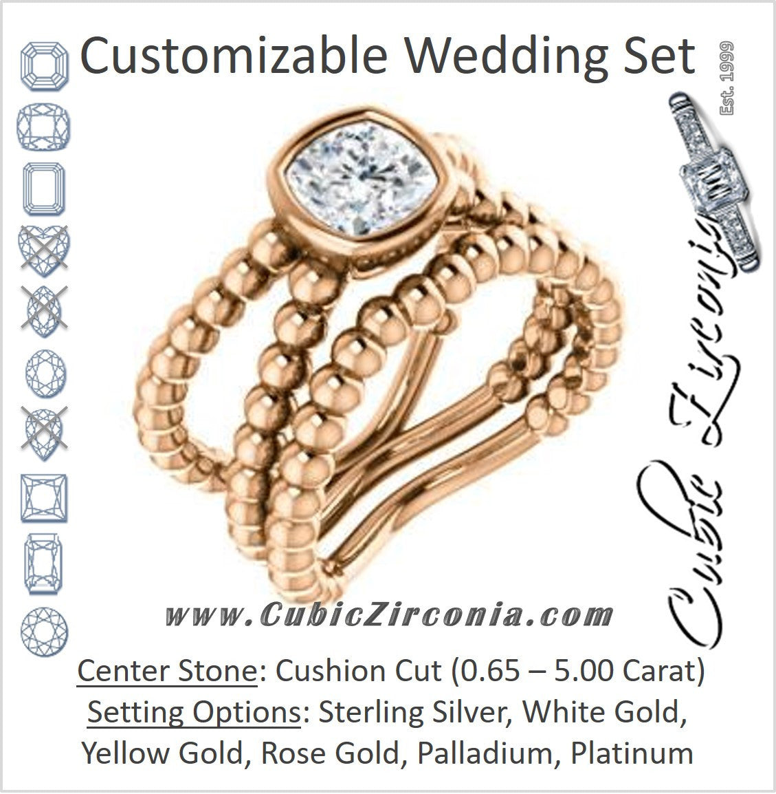 CZ Wedding Set, featuring The Maria Leeslii engagement ring (Customizable Bezel-set Cushion Cut Solitaire with Wide Beaded-Metal Split-Band)