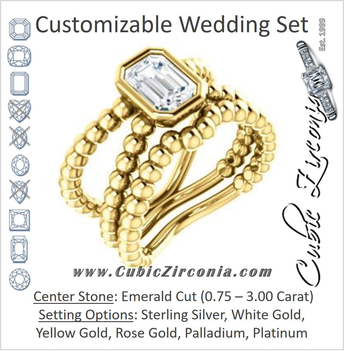 CZ Wedding Set, featuring The Maria Leeslii engagement ring (Customizable Bezel-set Emerald Cut Solitaire with Wide Beaded-Metal Split-Band)