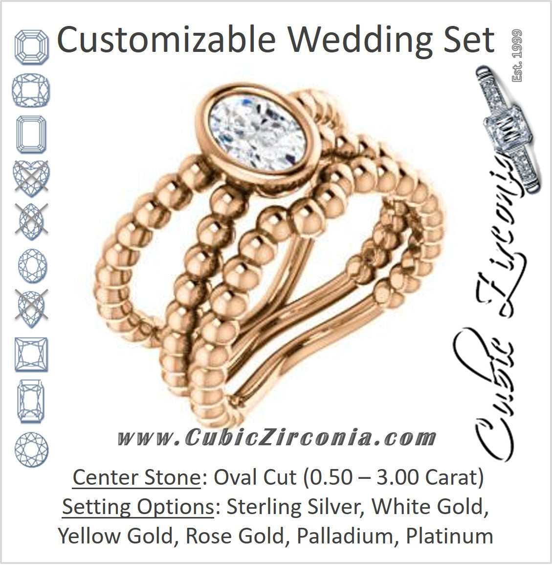 CZ Wedding Set, featuring The Maria Leeslii engagement ring (Customizable Bezel-set Oval Cut Solitaire with Wide Beaded-Metal Split-Band)