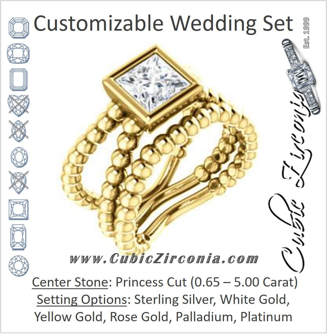 CZ Wedding Set, featuring The Maria Leeslii engagement ring (Customizable Bezel-set Princess Cut Solitaire with Wide Beaded-Metal Split-Band)