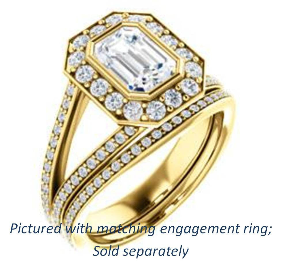 Cubic Zirconia Engagement Ring- The Maricela (Customizable Bezel-Halo Emerald Cut Ring with Wide Tapered Pavé Split Band & Decorative Trellis)