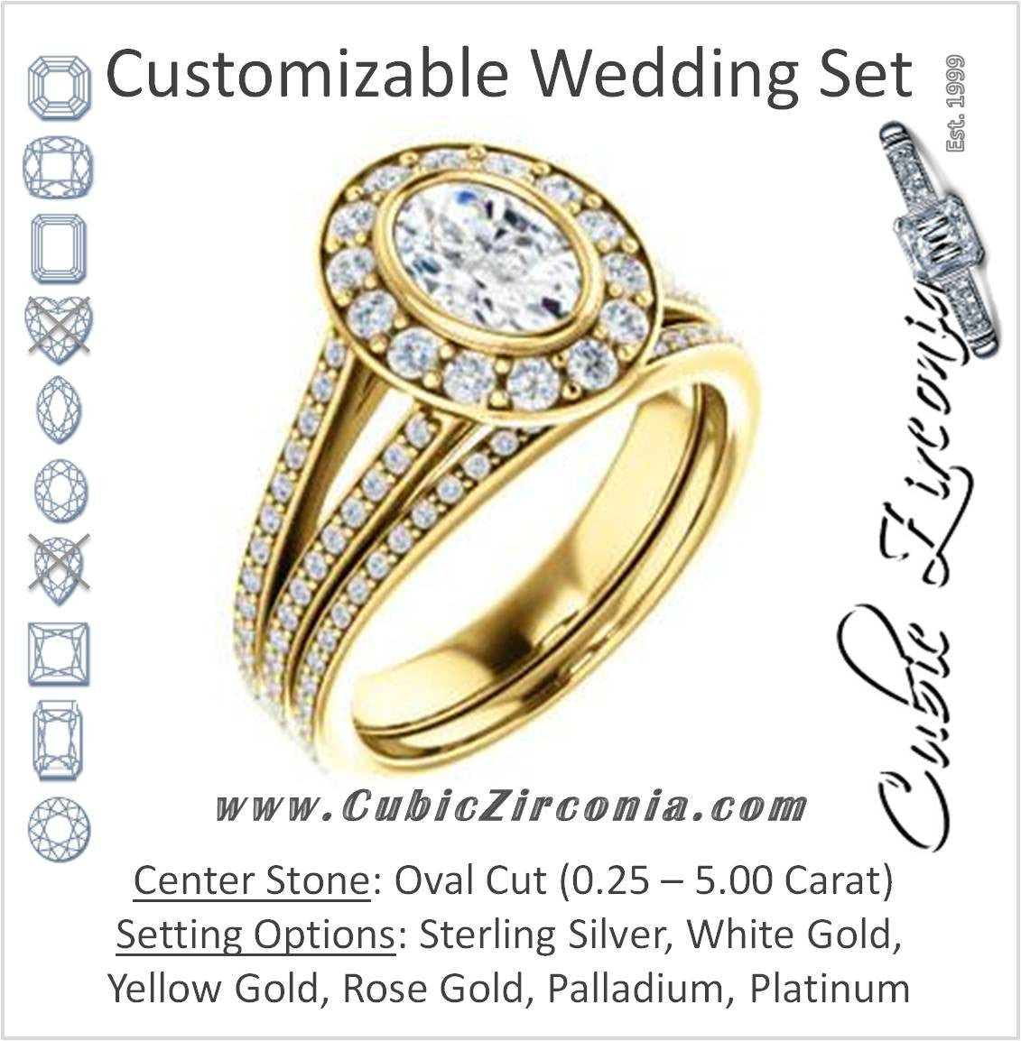 CZ Wedding Set, featuring The Maricela engagement ring (Customizable Bezel-Halo Oval Cut Ring with Wide Tapered Pavé Split Band & Decorative Trellis)