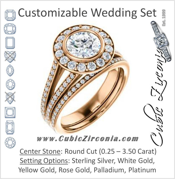 CZ Wedding Set, featuring The Maricela engagement ring (Customizable Bezel-Halo Round Cut Ring with Wide Tapered Pavé Split Band & Decorative Trellis)