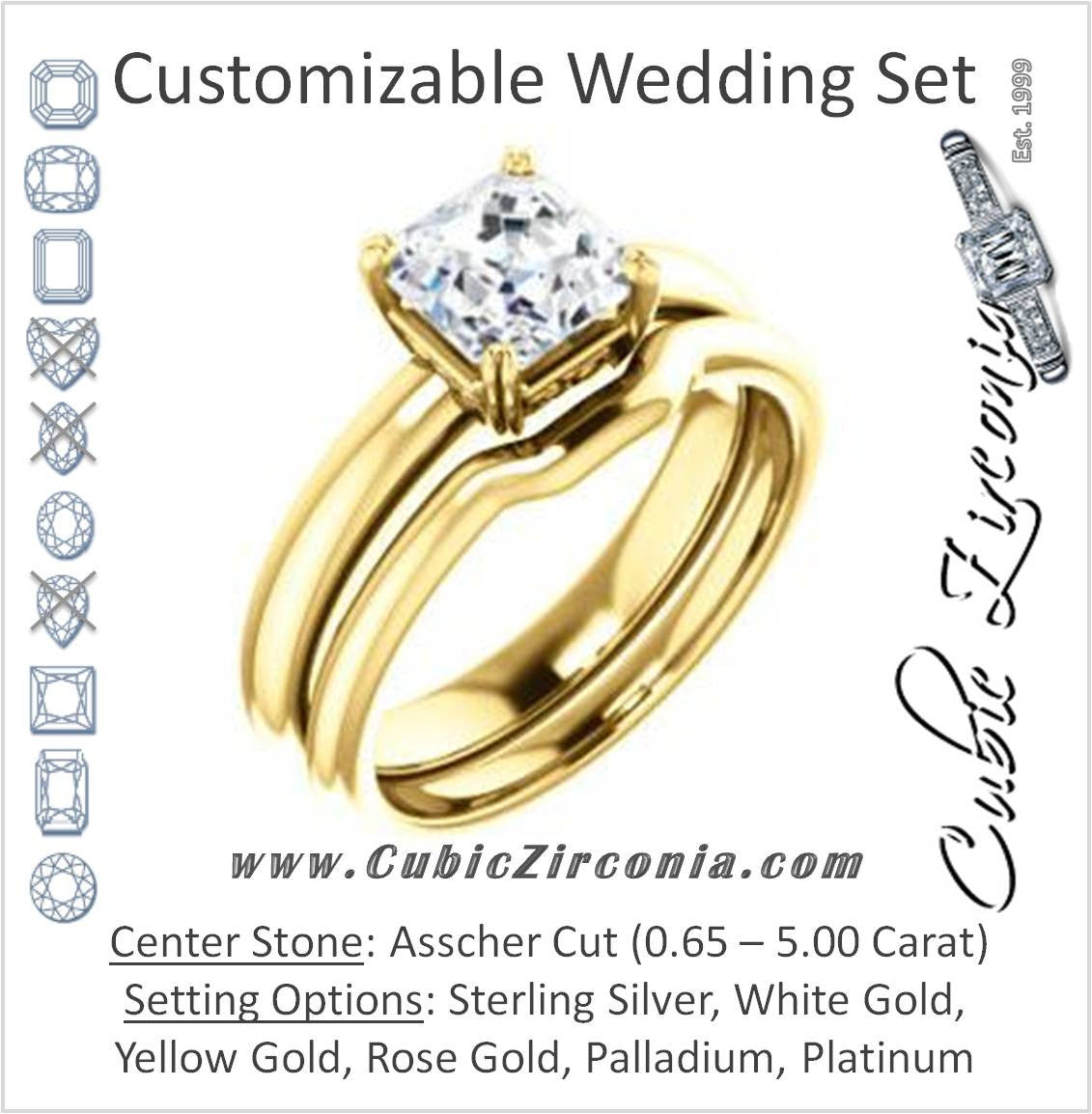 CZ Wedding Set, featuring The Marie Rosalind engagement ring (Customizable Asscher Cut Solitaire with Tooled Trellis Design)