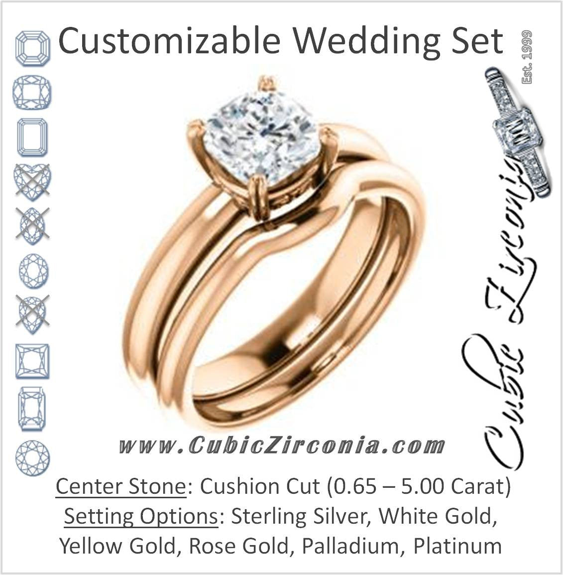 CZ Wedding Set, featuring The Marie Rosalind engagement ring (Customizable Cushion Cut Solitaire with Tooled Trellis Design)
