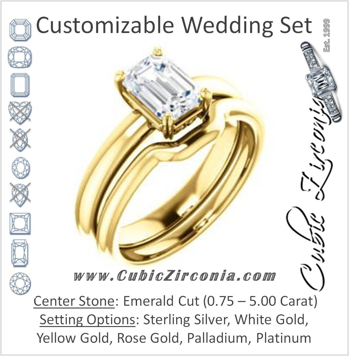 CZ Wedding Set, featuring The Marie Rosalind engagement ring (Customizable Emerald Cut Solitaire with Tooled Trellis Design)
